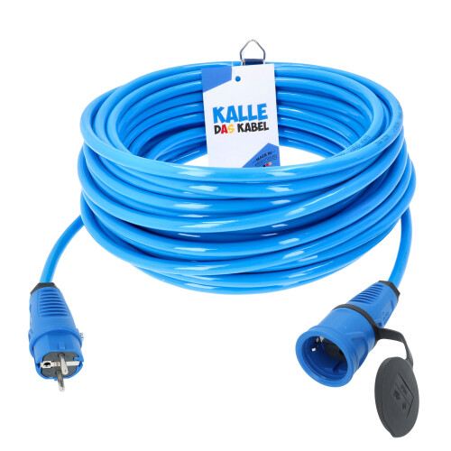 Schuko Verlängerungsleitung Polyurethan blau 230V / 16A / 2,5mm² / IP54 „Made in Germany“ . 5 Meter
