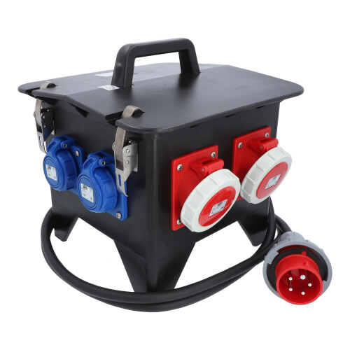 Mobilverteiller, Stromverteiler SPITZ Model 3, 400V 16A, 2x CEE 16A, 4x Schuko IP66/68 mit FI-Schalter Vollgummiverteiler