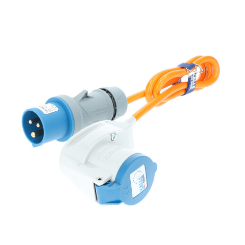 Camping Verlängerungskabel mit CEE Camping Stecker und Winkelkupplung Kompakt 230V 16A 2,5mm² in Signalfarbe Orange - Robust & Sicher – „Made in Germany“ 1,5 Meter