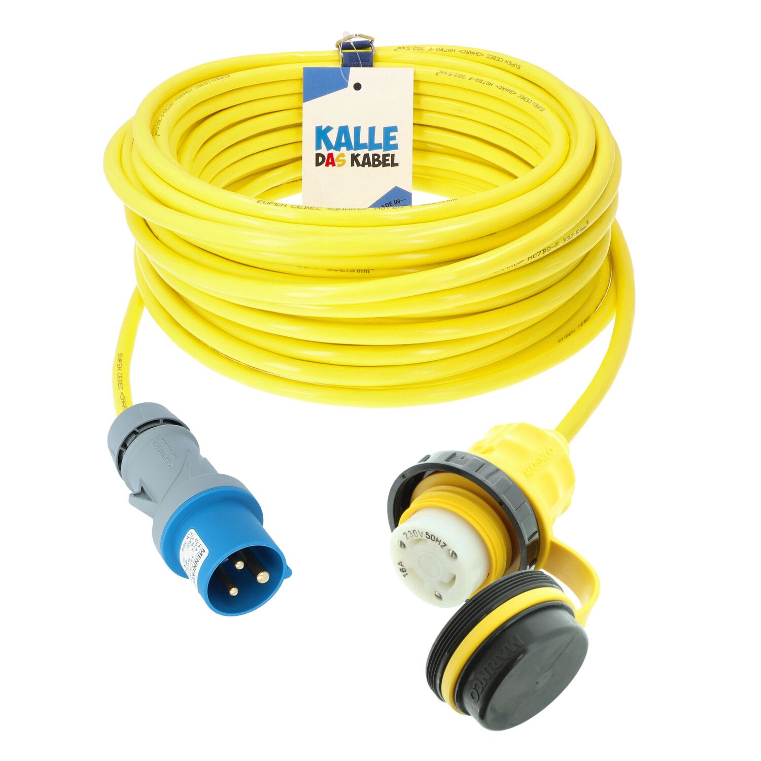 KALLE DAS KABEL Land-Anschluss-Kabel 25 M – Mit CEE-Stecker & Marinco-Kupplung, 2,5 Mm², PUR, Wasserfest