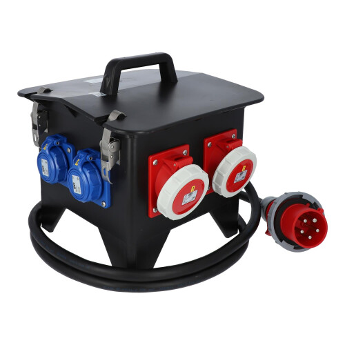 Mobiler Vollgummi-Stromverteiler SPITZ Model 10 - Anschlussleitung H07RN-F 2 Meter 5G 6,0 mm² 400V 32A auf 1x CEE 32A 2x CEE 16A 3x SCHUKO 16A 1x FI 63A/4,0/0,03A Schutzklasse IP67/IP54