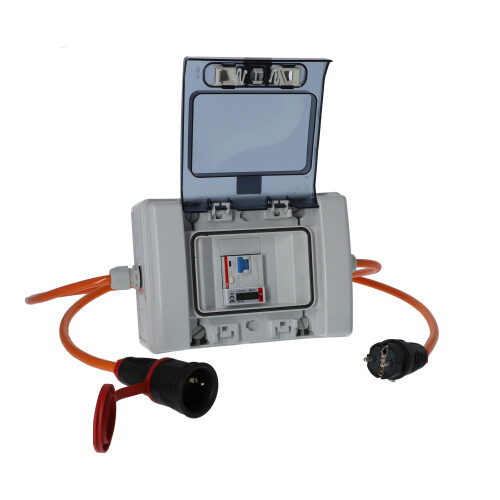Kalle Stromzähler / Zwischenzähler Schuko 230V H07BQ-F 3G 2,5 orange (PUR-Kabel) mit FI 30mA, Anschluss und Abgangsleitung je 1 Meter Länge