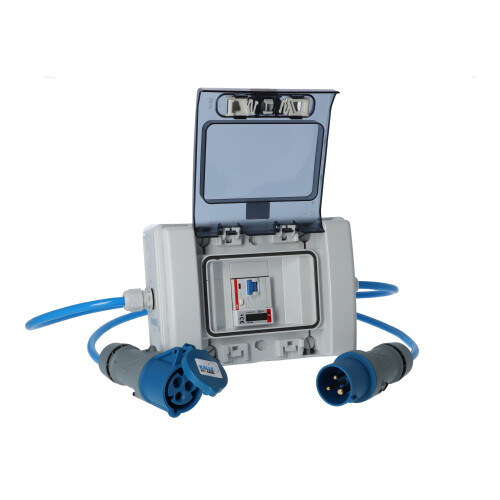 Kalle Stromzähler / Zwischenzähler CEE 230V H07BQ-F 3G 2,5 blau (PUR-Kabel) mit FI 30mA, Anschluss und Abgangsleitung je 1 Meter Länge