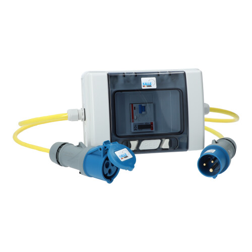 Kalle Stromzähler / Zwischenzähler CEE 230V H07BQ-F 3G 2,5 gelb (PUR-Kabel) mit FI 30mA, Anschluss und Abgangsleitung je 1 Meter Länge