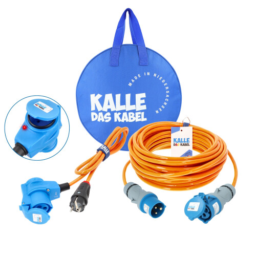 KALLE Camping Starter Set Polyurethan Campingkabel H07BQ-F 3G 2,5 mm² orange Polyurethan-Verlängerung 25 m + Kalle LEDapter 230V Winkel IP44 1,5 m H07BQ-F 3G2,5 (PUR-Kabel) orange