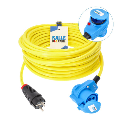 Kalle LEDapter Schuko auf CEE 230V Winkelkupplung 3G 2,5 mm² mit LED-Verpolungsanzeige Extreme Signal Gelb IP44 25 Meter