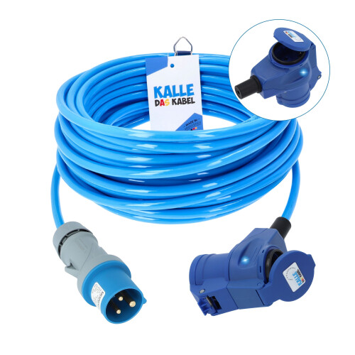 Kalle Verlängerungskabel CEE Stecker auf CEE Winkelkupplung mit LED Spannungsanzeige H07BQ-F 3G 2,5 mm² 230V 16A Extreme Blau IP44 30 Meter
