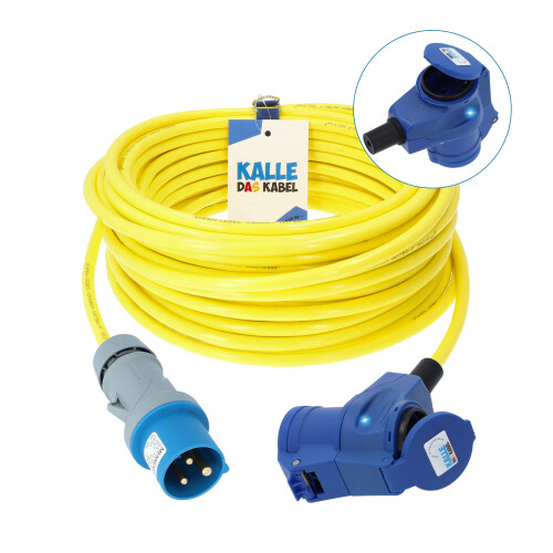 Kalle Verlängerungskabel CEE Stecker auf CEE Winkelkupplung mit LED Spannungsanzeige H07BQ-F 3G 2,5 mm² 230V 16A Extreme Gelb IP44