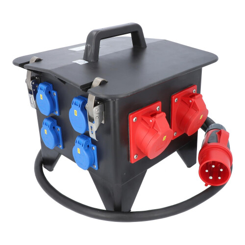 Mobilverteiler, Stromverteiler SPITZ Model 5B, 400V 32A, 1x CEE 32A, 2x CEE 16A 4x Schuko IP54 mit FI-Schalter Typ B Vollgummiverteiler